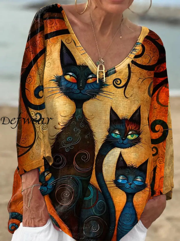 Women’s Vintage Cat Art Print Casual V Neck Long Sleeve Comfortable Cotton T-Shirt A / S