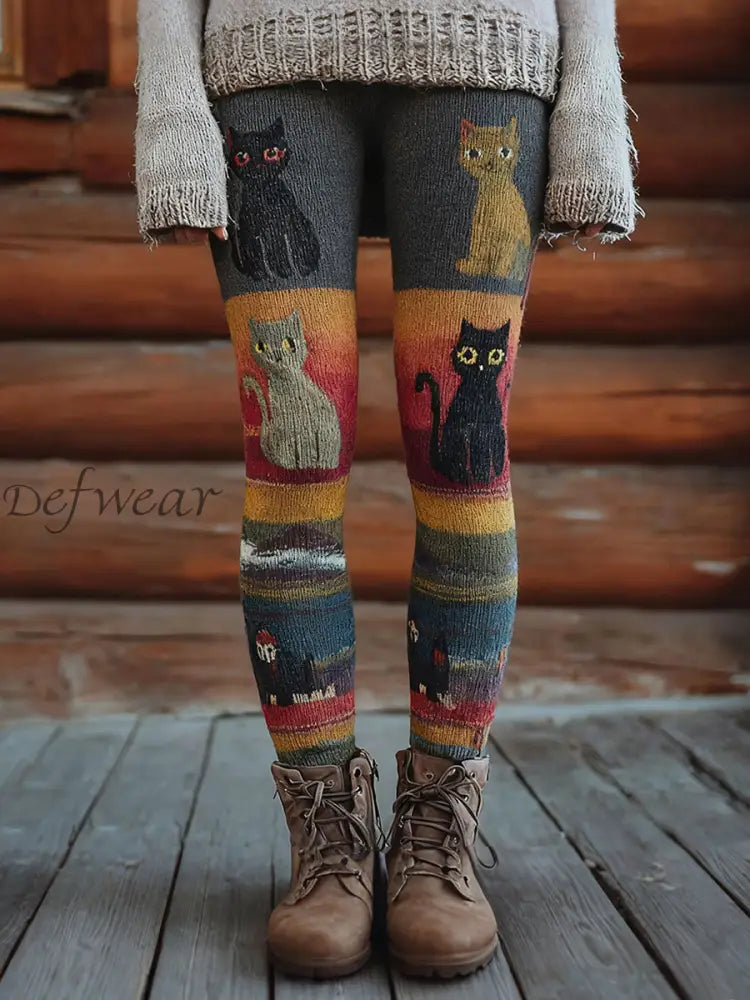 Women’s Vintage Cats Print Leggings Gray-Orange / S