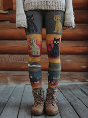 Women’s Vintage Cats Print Leggings Gray-Orange / S