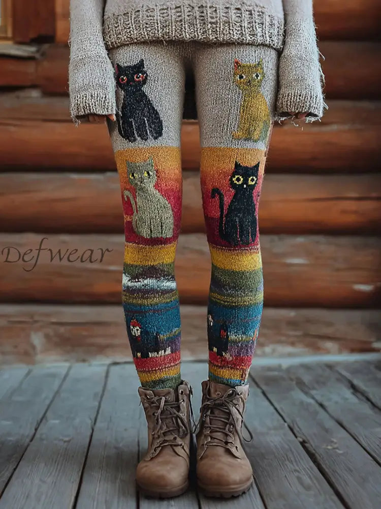 Women’s Vintage Cats Print Leggings Orange / S