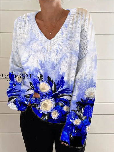 Women’s Vintage Elegant Art Floral Print Chic V Neck Long Sleeve Sweater A / S