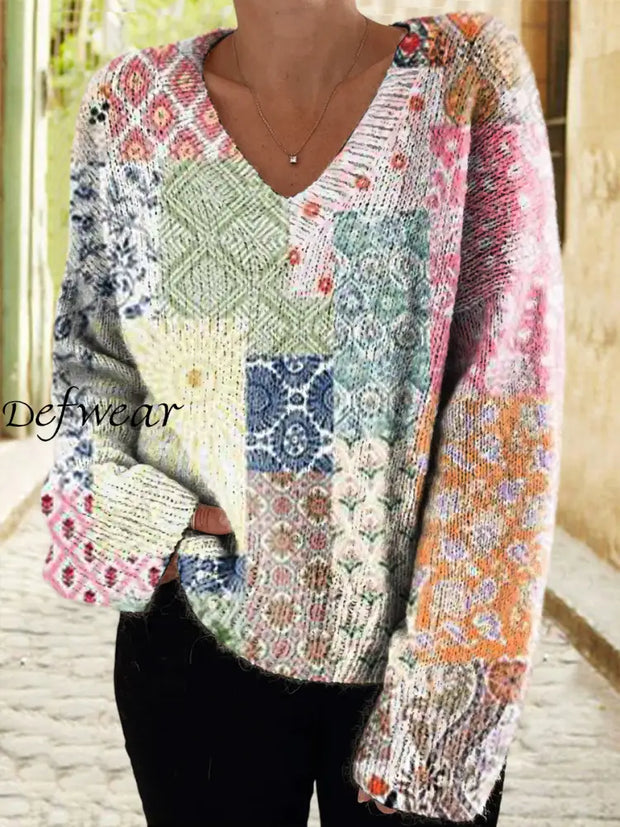 Women’s Vintage Elegant Art Floral Print Chic V Neck Long Sleeve Sweater A / S