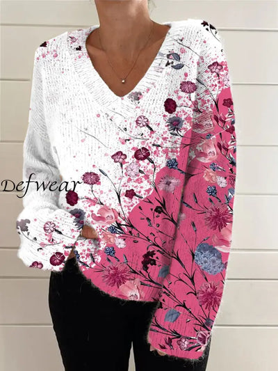 Women’s Vintage Elegant Art Floral Print Chic V Neck Long Sleeve Sweater A / S