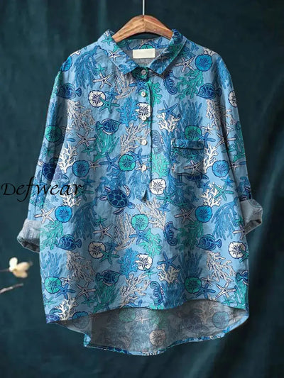 Women’s Vintage Fish Art Print Casual Cotton Linen Round Neck Button Pocket Mid Sleeve Shirt Top