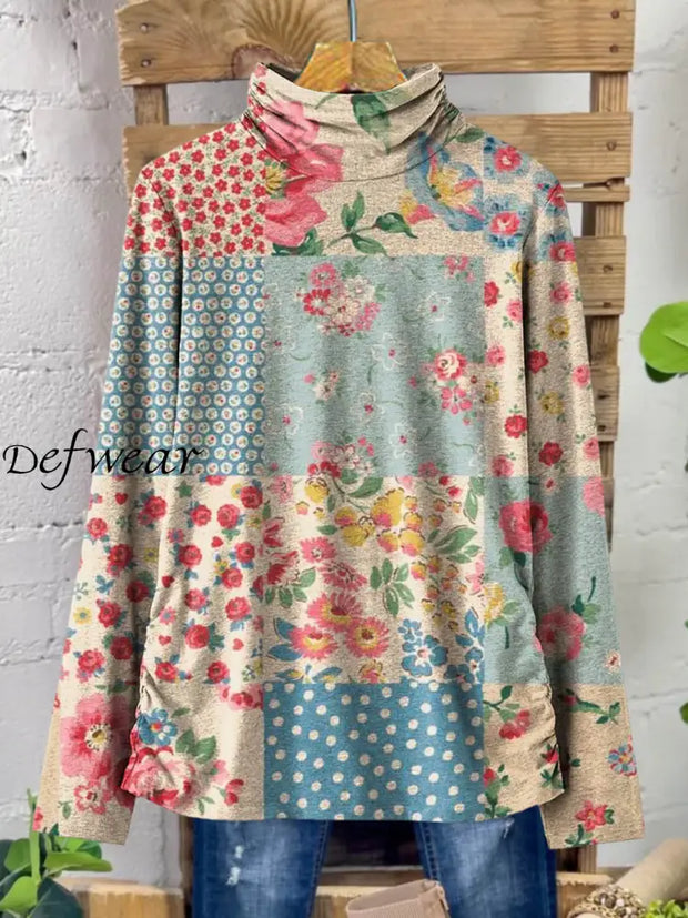 Women’s Vintage Floral Art Pattern Print Casual Cotton Top A / S