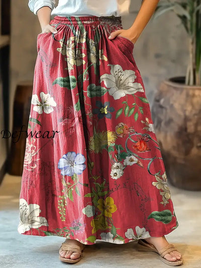 Women’s Vintage Floral Art Print Boho Pocket Flowy Dress A / S