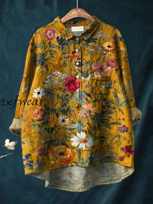 Women’s Vintage Floral Art Print Casual Cotton And Linen Round Neck Button Pocket Midi Long