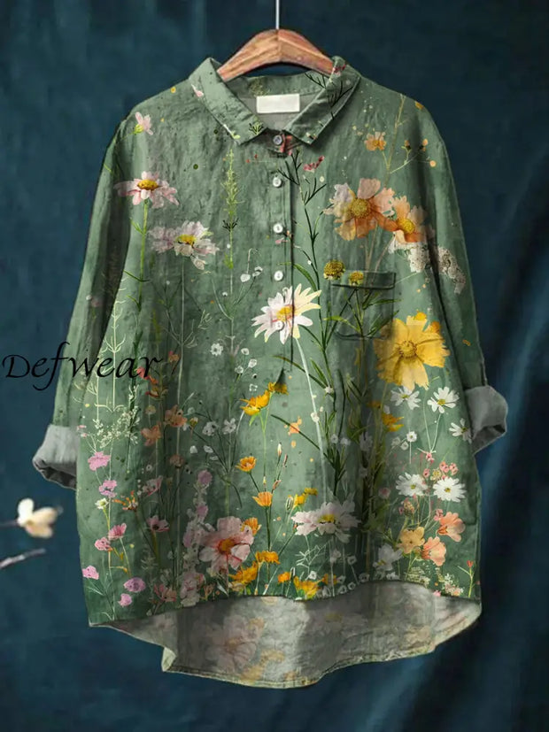 Women’s Vintage Floral Art Print Casual Cotton And Linen Round Neck Button Pocket Midi Long