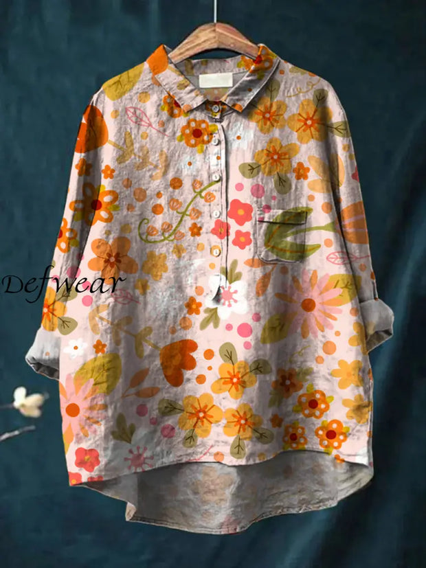 Women’s Vintage Floral Art Print Casual Cotton And Linen Round Neck Button Pocket Midi Sleeve