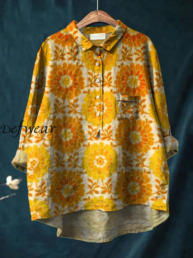 Women’s Vintage Floral Art Print Casual Cotton And Linen Round Neck Button Pocket Midi Sleeve