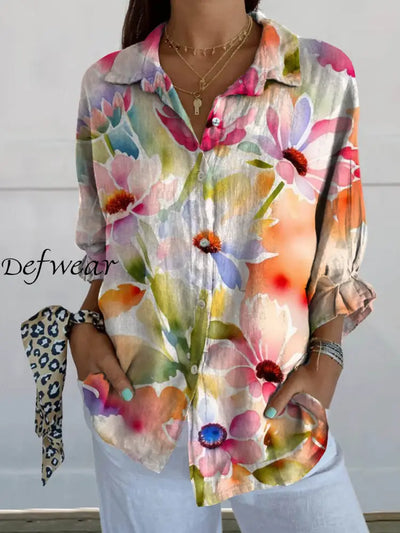 Women’s Vintage Floral Art Print Casual Cotton And Linen Shirt Top A / S