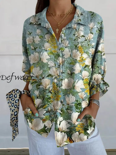 Women’s Vintage Floral Art Print Casual Cotton And Linen Shirt Top A / S