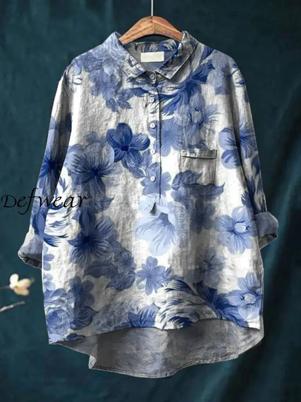 Women’s Vintage Floral Art Print Casual Cotton Linen Round Neck Button Pocket Mid-Length Sleeve