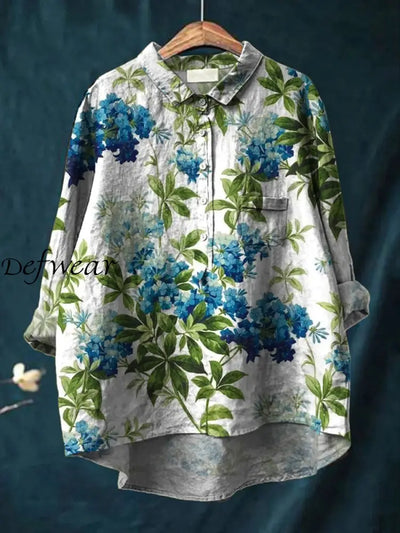 Women’s Vintage Floral Art Print Casual Cotton Linen Round Neck Button Pocket Mid-Length Sleeve