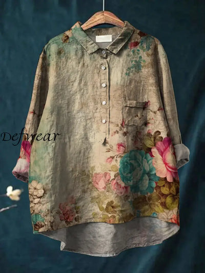 Women’s Vintage Floral Art Print Casual Cotton Linen Round Neck Button Pocket Mid-Length Sleeve