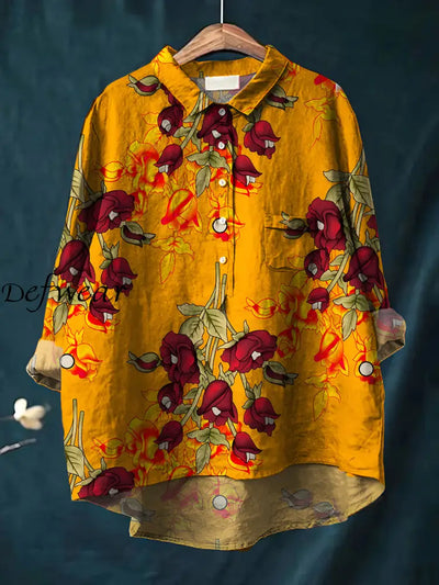 Women’s Vintage Floral Art Print Casual Cotton Linen Round Neck Button Pocket Midi Sleeve Shirt