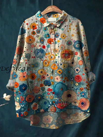 Women’s Vintage Floral Art Print Casual Cotton Linen Round Neck Button Pocket Midi Sleeve Shirt