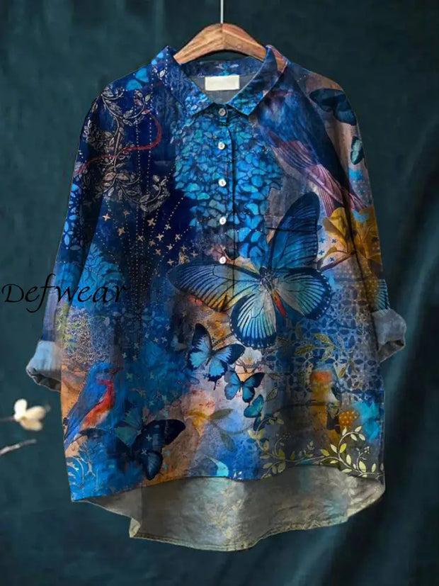 Women’s Vintage Floral Art Print Casual Cotton Linen Round Neck Button Pocket Midi Sleeve Shirt