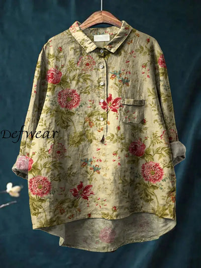 Women’s Vintage Floral Art Print Casual Cotton Linen Round Neck Button Pocket Midi Sleeve Shirt