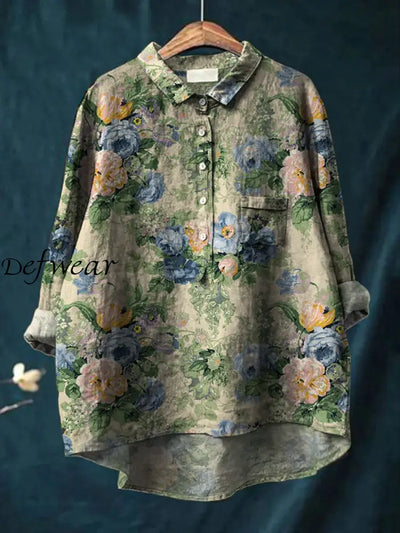 Women’s Vintage Floral Art Print Casual Cotton Linen Round Neck Button Pocket Midi Sleeve Shirt