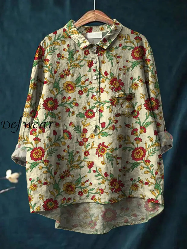 Women’s Vintage Floral Art Print Casual Cotton Linen Round Neck Button Pocket Midi Sleeve Shirt