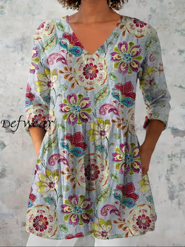 Women’s Vintage Floral Art Print Casual V-Neck Three-Quarter Sleeve Elegant Cotton And Linen Top