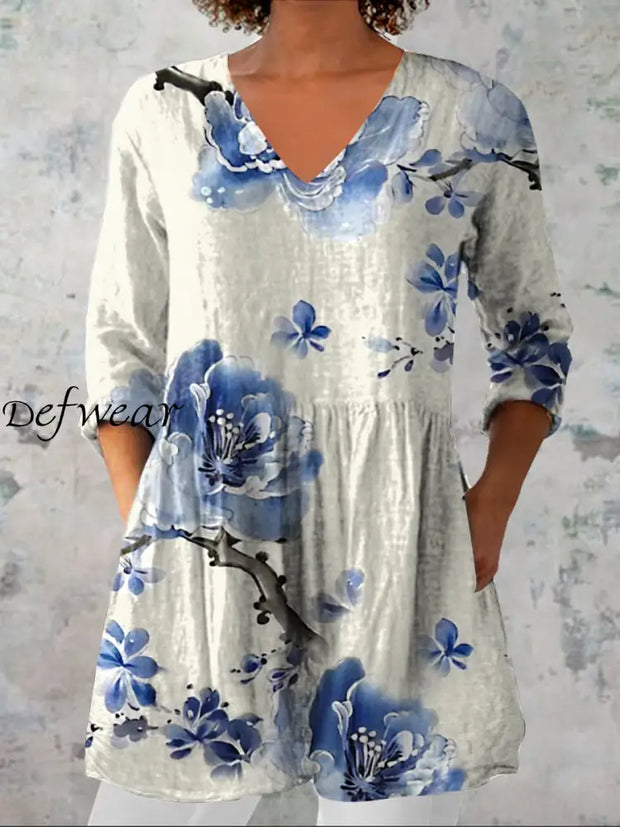 Women’s Vintage Floral Art Print Casual V-Neck Three-Quarter Sleeve Elegant Cotton And Linen Top