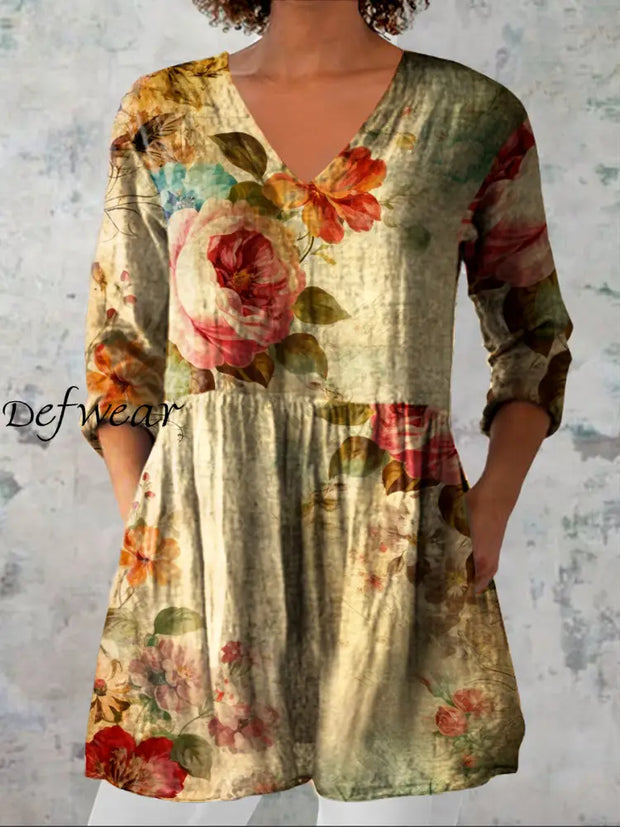 Women’s Vintage Floral Art Print Casual V Neck Three Quarter Sleeve Elegant Cotton Linen Top A / S