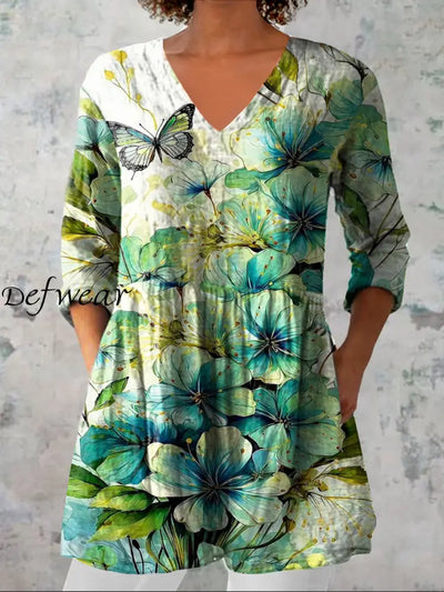 Women’s Vintage Floral Art Print Casual V Neck Three Quarter Sleeve Elegant Cotton Linen Top A / S