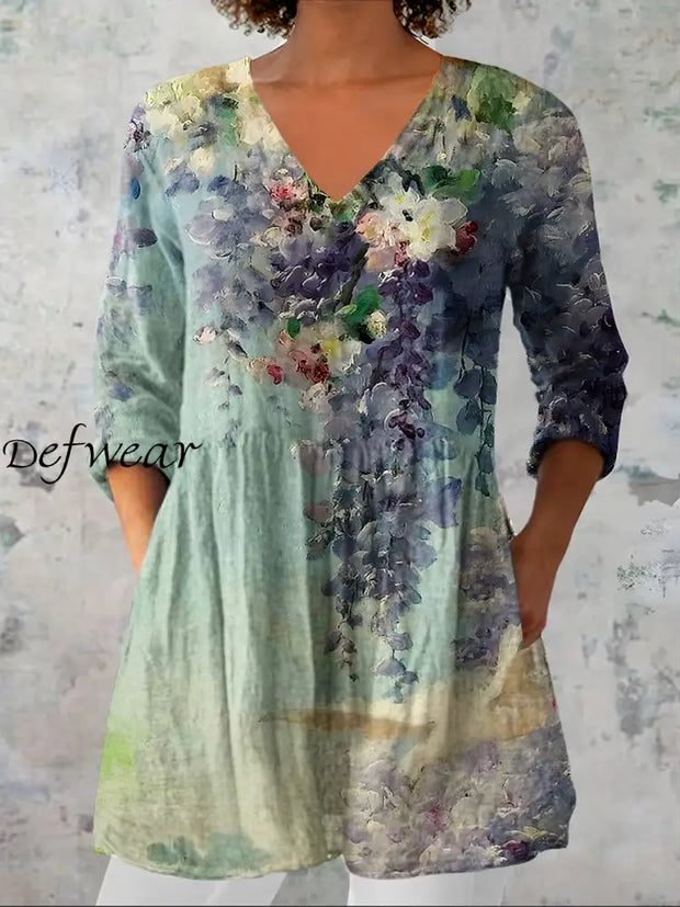 Women’s Vintage Floral Art Print Casual V-Neck Three-Quarter Sleeve Elegant Cotton Linen Top A / S