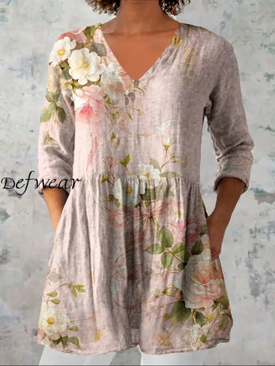 Women’s Vintage Floral Art Print Casual V Neck Three Quarter Sleeve Elegant Cotton Linen Top A / S