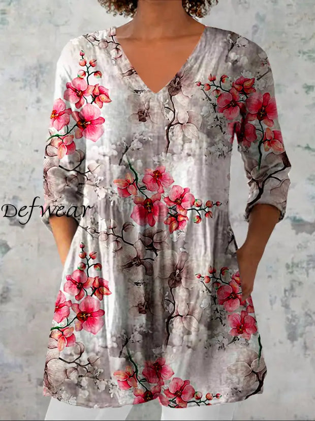 Women’s Vintage Floral Art Print Casual V Neck Three Quarter Sleeve Elegant Cotton Linen Top A / S