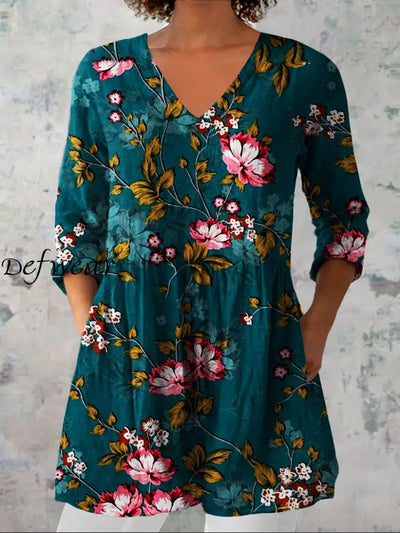 Women’s Vintage Floral Art Print Casual V Neck Three Quarter Sleeve Elegant Cotton Linen Top A / S