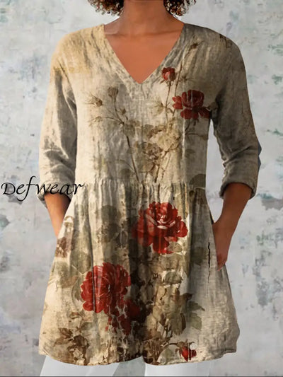 Women’s Vintage Floral Art Print Casual V Neck Three Quarter Sleeve Elegant Cotton Linen Top A / S