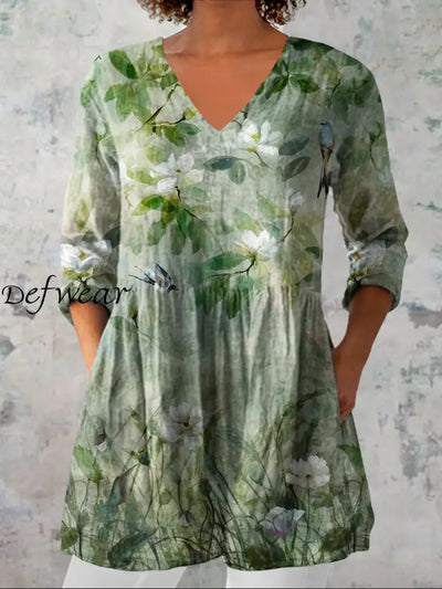 Women’s Vintage Floral Art Print Casual V-Neck Three-Quarter Sleeves Elegant Cotton And Linen Top