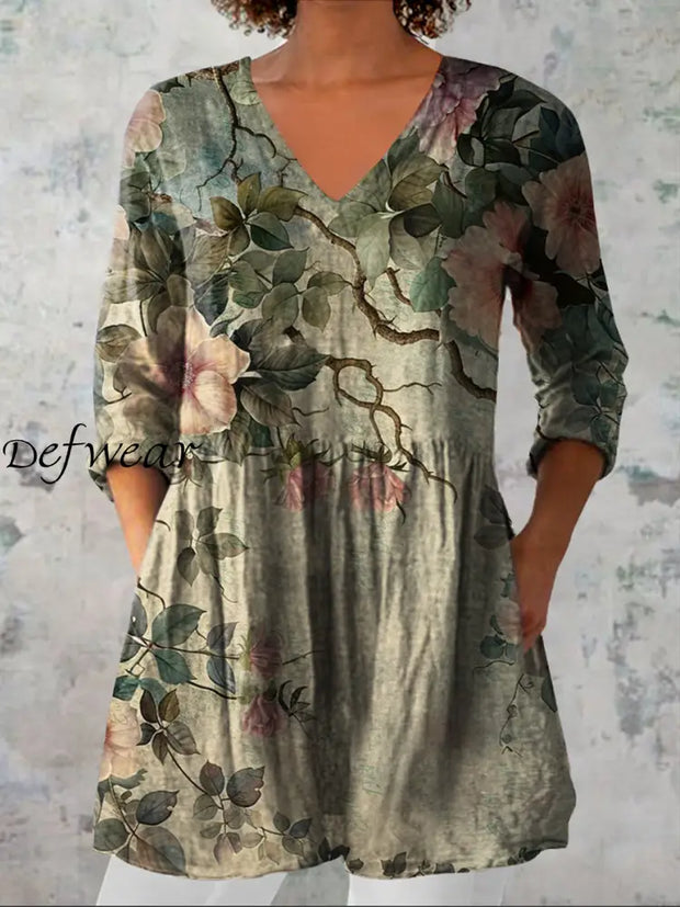 Women’s Vintage Floral Art Print Casual V-Neck Three-Quarter Sleeves Elegant Cotton And Linen Top