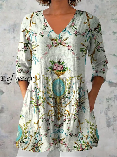 Women’s Vintage Floral Art Print Casual V Neck Three Quarter Sleeves Elegant Cotton Linen Top A / S