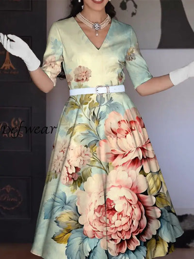 Women’s Vintage Floral Art Print Pocket Cotton Temperament Elegant Midi Dress A / S