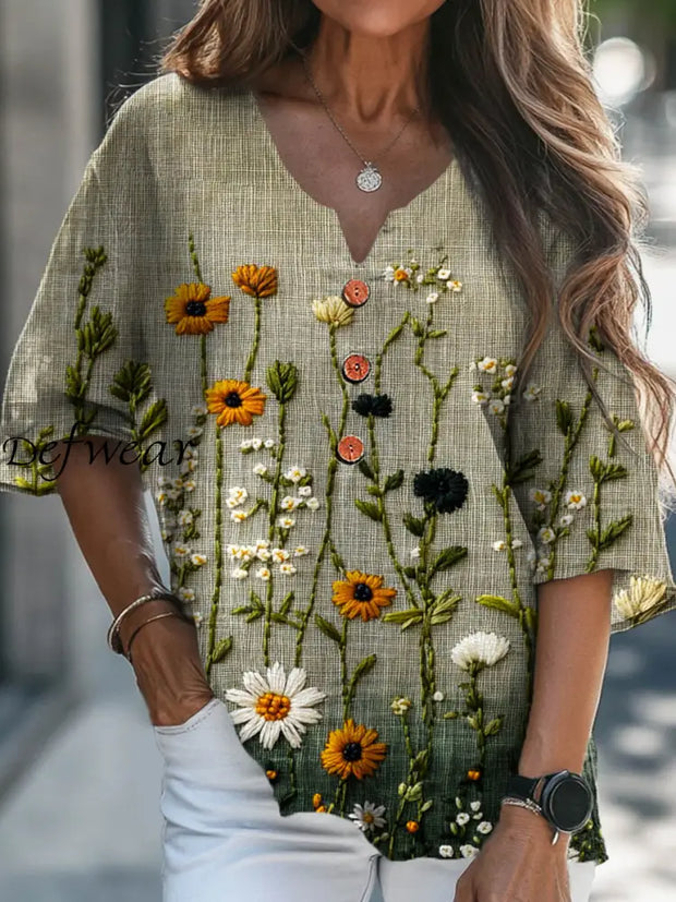 Women’s Vintage Floral Art Print V-Neck Casual Cotton and Linen Shirt Top A / S