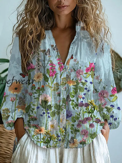 Women’s Vintage Floral Art Print V-Neck Casual Cotton And Linen Shirt Top A / S