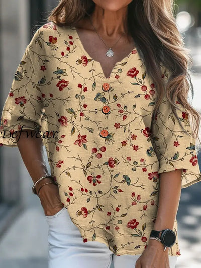 Women’s Vintage Floral Art Print V-Neck Casual Cotton and Linen Shirt Top A / S