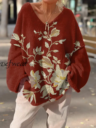 Women’s Vintage Floral Art Print V-Neck Casual Pullover Sweater Red / S