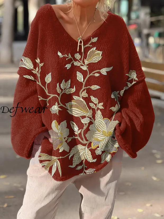 Women’s Vintage Floral Art Print V-Neck Casual Pullover Sweater Red / S