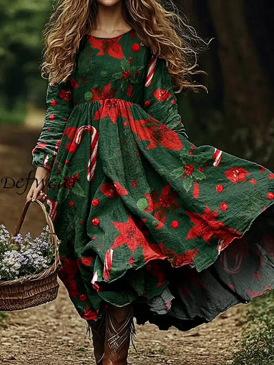 Women’s Vintage Floral Art Print V Neck Elegant Chic Loose Long Sleeve Midi Dress A / S