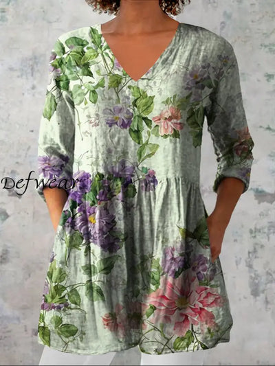 Women’s Vintage Floral Print Casual V-Neck Three-Quarter Sleeve Elegant Cotton And Linen Top A / S