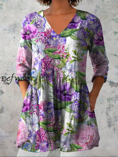 Women’s Vintage Floral Print Casual V-Neck Three-Quarter Sleeve Elegant Cotton And Linen Top A / S