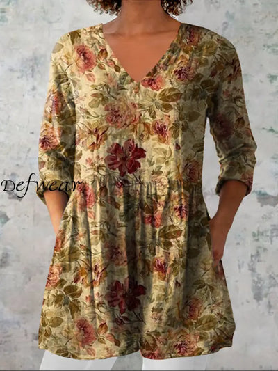 Women’s Vintage Floral Print Casual V-Neck Three-Quarter Sleeve Elegant Cotton And Linen Top A / S