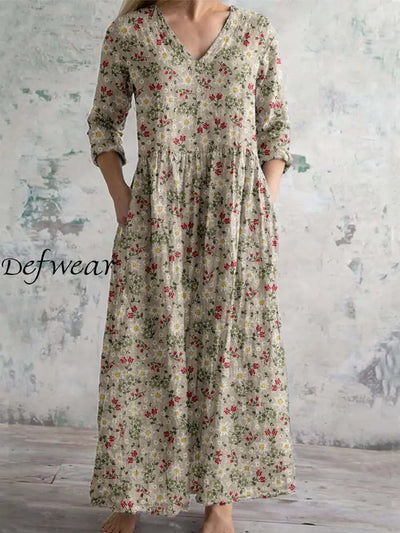 Women’s Vintage Floral Print Chic V-Neck Bohemian Elegant Midi A / S