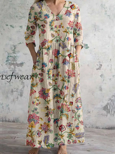 Women’s Vintage Floral Print Chic V-Neck Bohemian Elegant Midi A / S