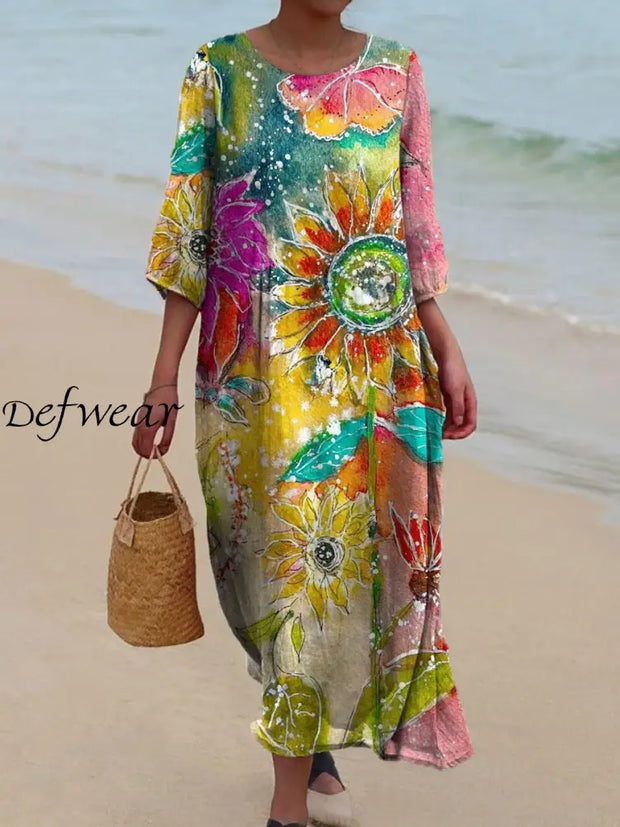 Women’s Vintage Floral Print Chic V-Neck Bohemian Elegant Midi A / S